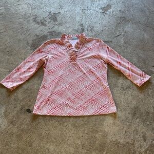 J. McLaughlin Pink Patterned Ruffle-Trim Long Sleeve Tee